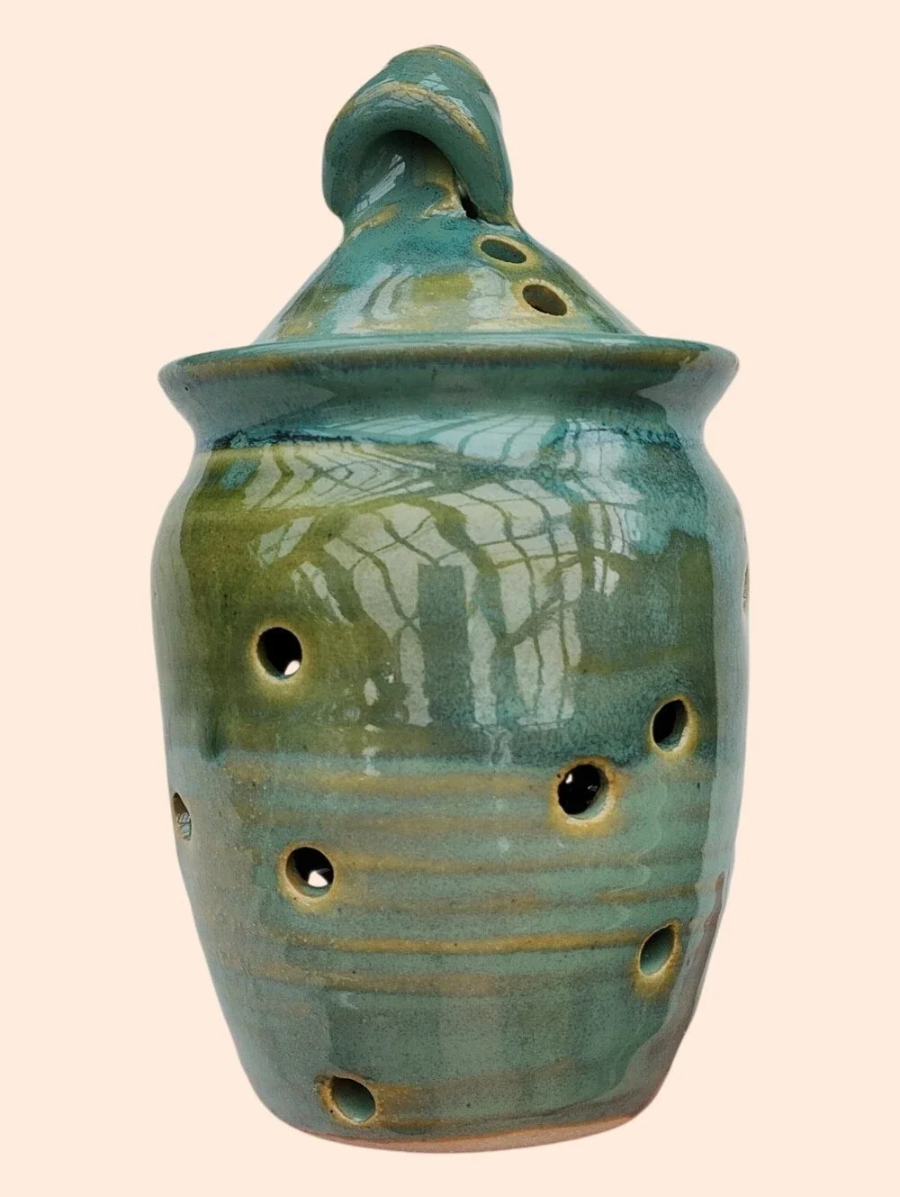 Holman Pottery Garlic Keeper Jar in Sea Pearl Green Ventilation Holes 6